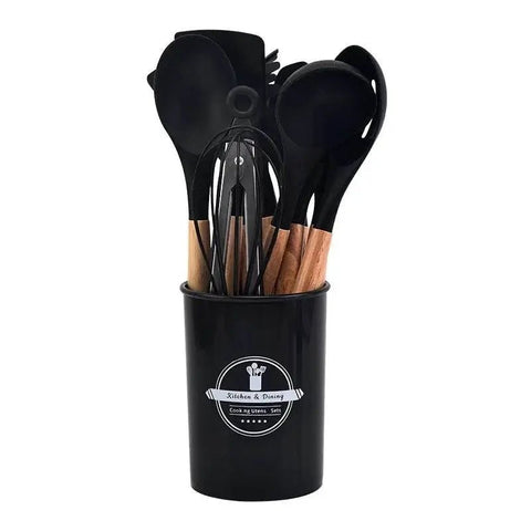 12 - Piece Silicone Kitchen Utensil Set with Wooden Handles. - 3sung llc