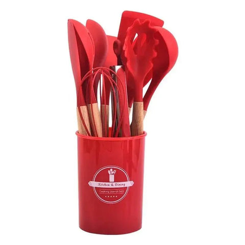 12 - Piece Silicone Kitchen Utensil Set with Wooden Handles. - 3sung llc