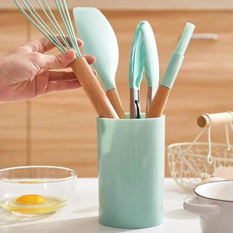 12 - Piece Silicone Kitchen Utensil Set with Wooden Handles. - 3sung llc