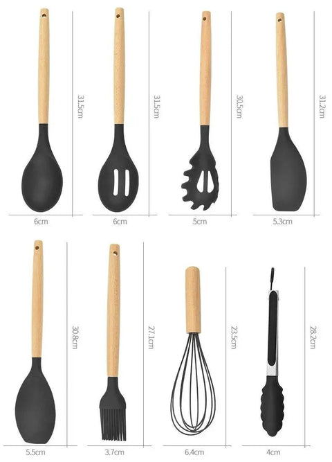 12 - Piece Silicone Kitchen Utensil Set with Wooden Handles. - 3sung llc