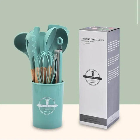 12 - Piece Silicone Kitchen Utensil Set with Wooden Handles. - 3sung llc
