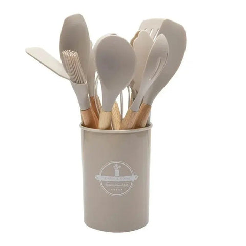 12 - Piece Silicone Kitchen Utensil Set with Wooden Handles. - 3sung llc