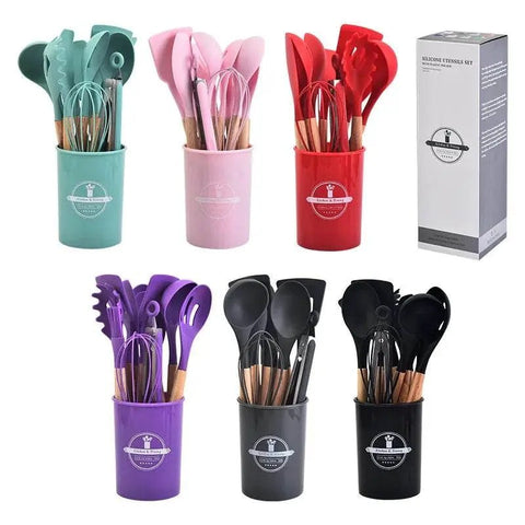 12 - Piece Silicone Kitchen Utensil Set with Wooden Handles. - 3sung llc