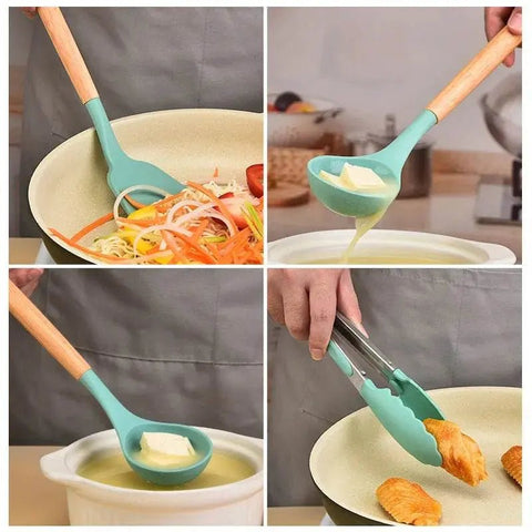 12 - Piece Silicone Kitchen Utensil Set with Wooden Handles. - 3sung llc
