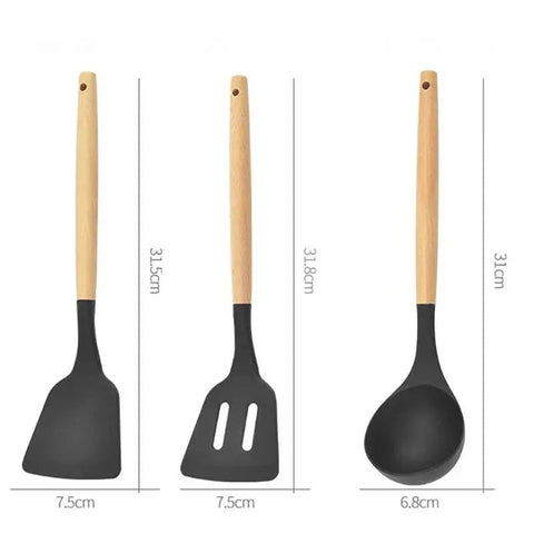 12 - Piece Silicone Kitchen Utensil Set with Wooden Handles. - 3sung llc