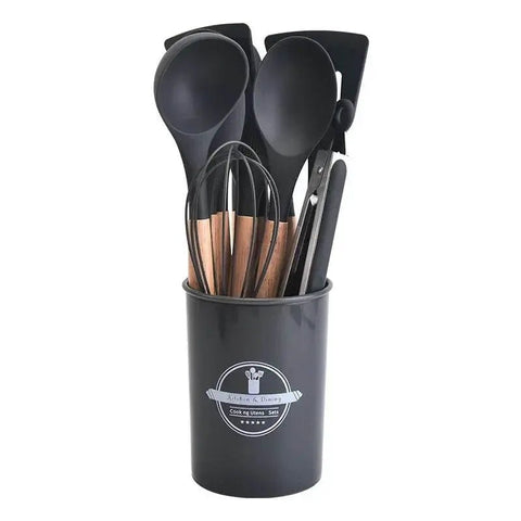 12 - Piece Silicone Kitchen Utensil Set with Wooden Handles. - 3sung llc