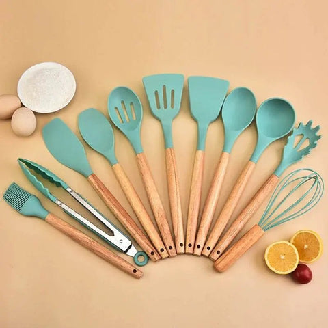 12 - Piece Silicone Kitchen Utensil Set with Wooden Handles. - 3sung llc