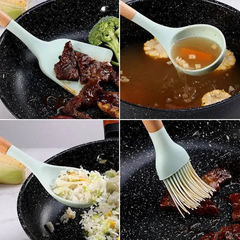 12 - Piece Silicone Kitchen Utensil Set with Wooden Handles. - 3sung llc