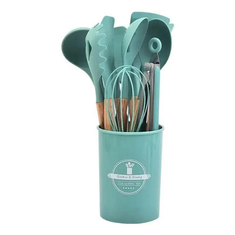 12 - Piece Silicone Kitchen Utensil Set with Wooden Handles. - 3sung llc