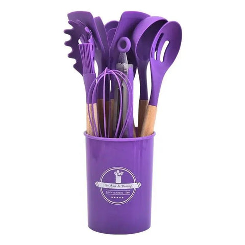 12 - Piece Silicone Kitchen Utensil Set with Wooden Handles. - 3sung llc