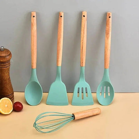 12 - Piece Silicone Kitchen Utensil Set with Wooden Handles. - 3sung llc
