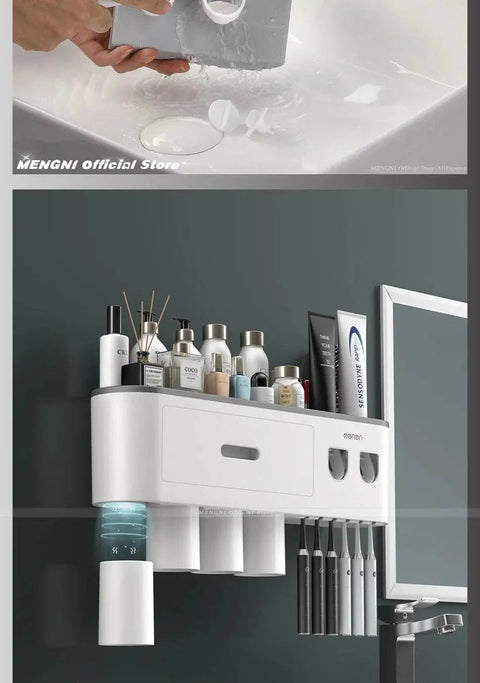 MENGNI Magnetic Toothbrush Holder with Automatic Toothpaste Dispenser & Storage Rack. - 3sung llc