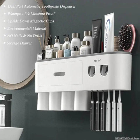 MENGNI Magnetic Toothbrush Holder with Automatic Toothpaste Dispenser & Storage Rack. - 3sung llc